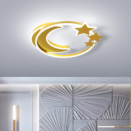 Gold Acrylic Led Flush Mount Ceiling Light With Moon And Star Design For Modern Bedrooms
