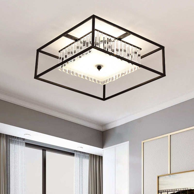 Modern Crystal Flush Light Fixture With Black Metal Frame - 5-Head Living Room Mount Lamp / Square