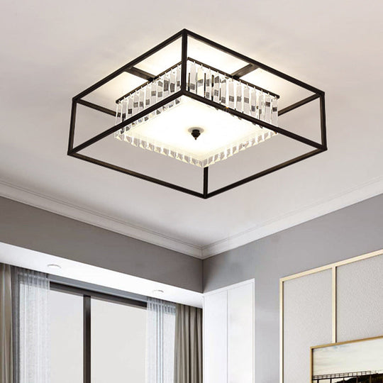 Modern Crystal Flush Light Fixture With Black Metal Frame - 5-Head Living Room Mount Lamp / Square