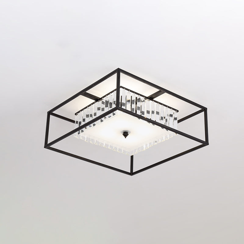 Modern Crystal Flush Light Fixture With Black Metal Frame - 5-Head Living Room Mount Lamp