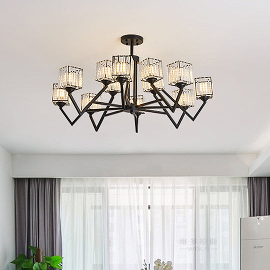 Modern Black Crystal Block Semi Flushmount Ceiling Lamp - 12 Lights V - Like Arm For Living Room