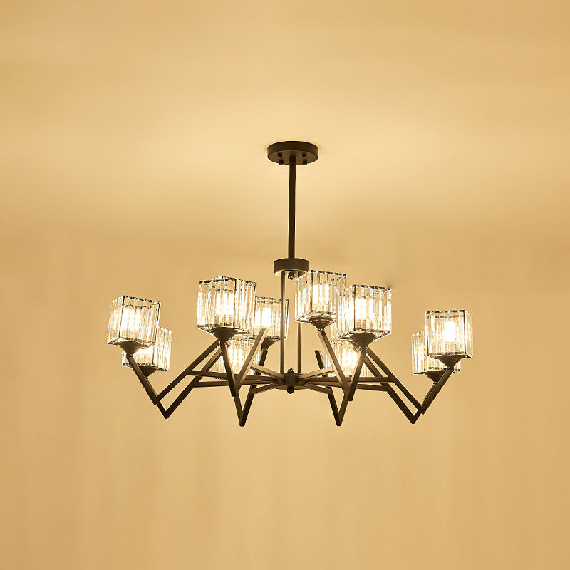 Modern Black Crystal Block Semi Flushmount Ceiling Lamp - 12 Lights V - Like Arm For Living Room