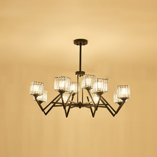 Modern Black Crystal Block Semi Flushmount Ceiling Lamp - 12 Lights V - Like Arm For Living Room