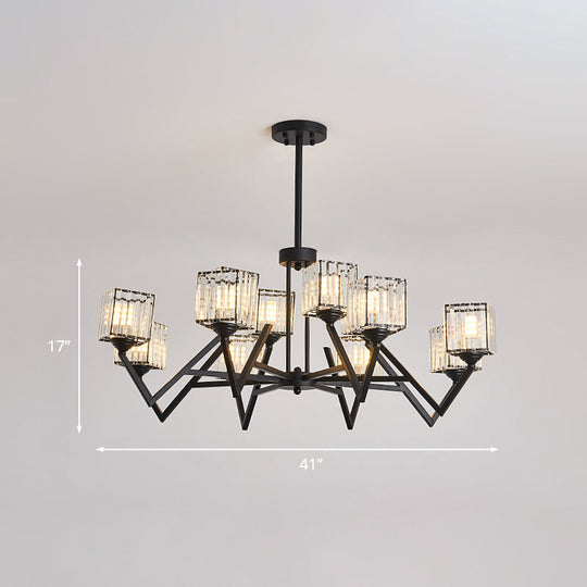 Modern Black Crystal Block Semi Flushmount Ceiling Lamp - 12 Lights V - Like Arm For Living Room