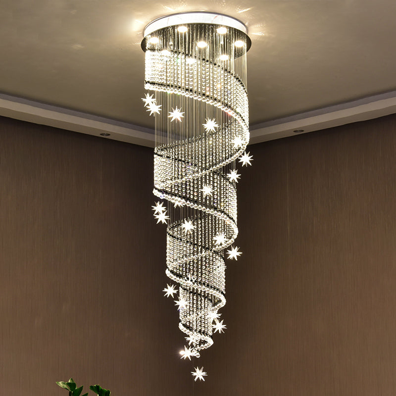 Stylish Spiral Ceiling Light With 4 Clear Crystal Bead Heads - Elegant Stair Suspension Lamp