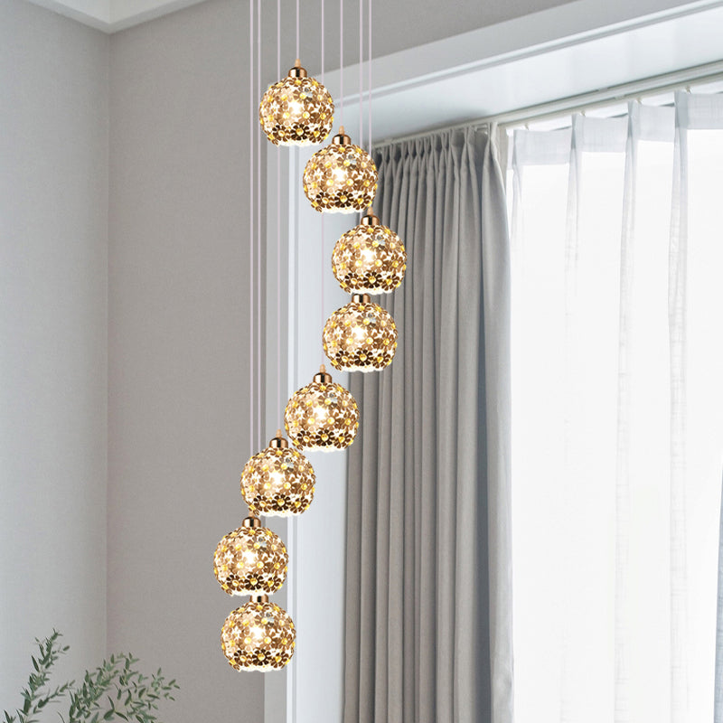 Modernist Silver Ceiling Light With Amber Crystal Accent 5/8 Heads Multi Hanging Lamp Kit