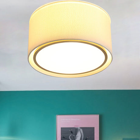 Modern 4-Light 2-Shade Fabric Drum Flush Mount Ceiling Fixture For Bedroom In White