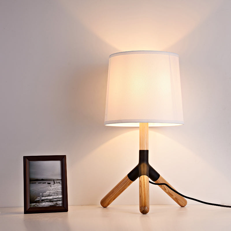 Simplicity Wood Tri-Leg Table Lamp With 1 Light And White Barrel Fabric Shade - Perfect For
