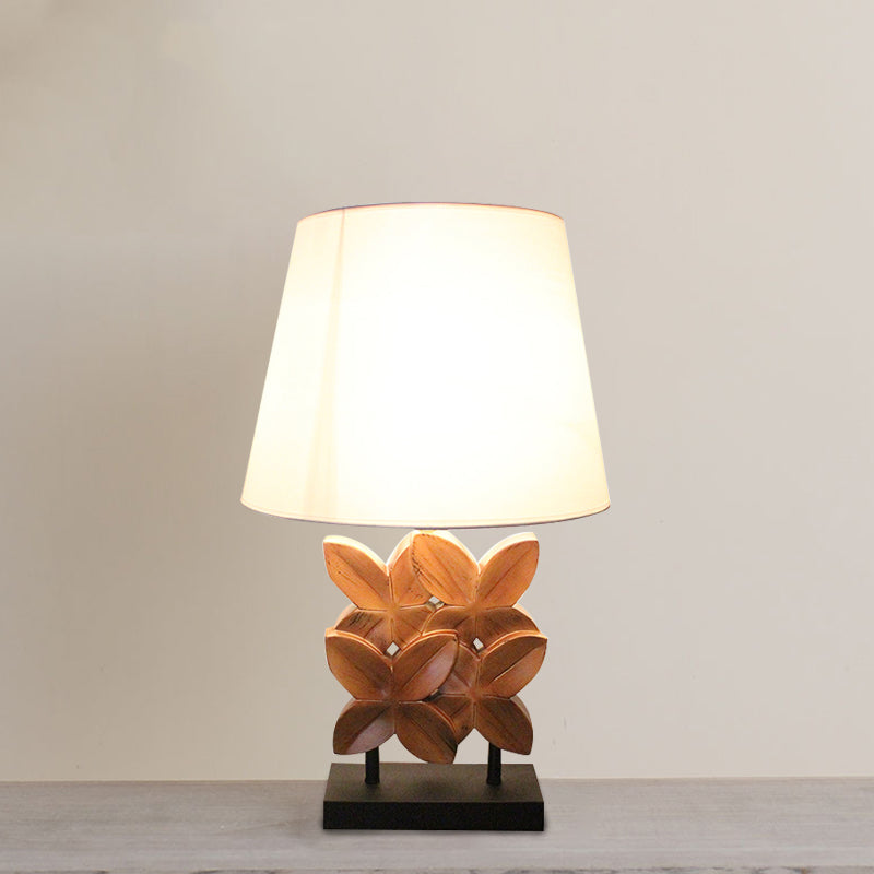 Retro Fabric Table Lamp With Empire Shade And Carved Wood Leaf Base - White Nightstand Lighting 1