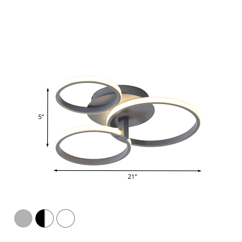 Modernist Acrylic Led Flush Mount Ceiling Light Fixture - 3 Ring Design In Grey/White/Black