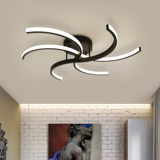 Minimalist Black Swirl Led Flush Mount Ceiling Fixture - 16’/19.5’ Wide Semi For Bedroom / 16’