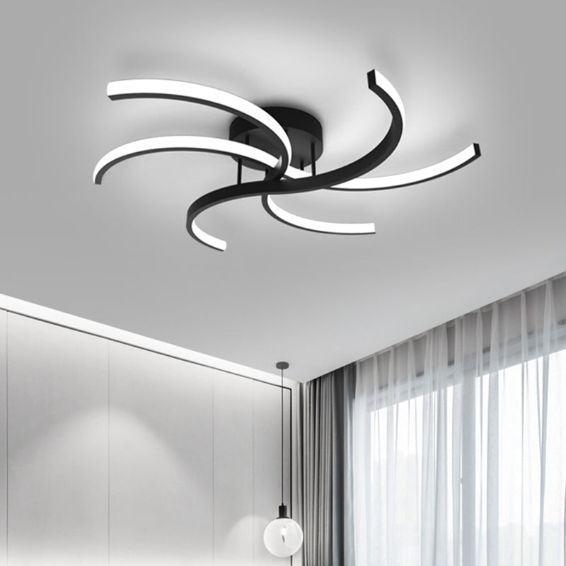 Minimalist Black Swirl Led Flush Mount Ceiling Fixture - 16’/19.5’ Wide Semi For Bedroom