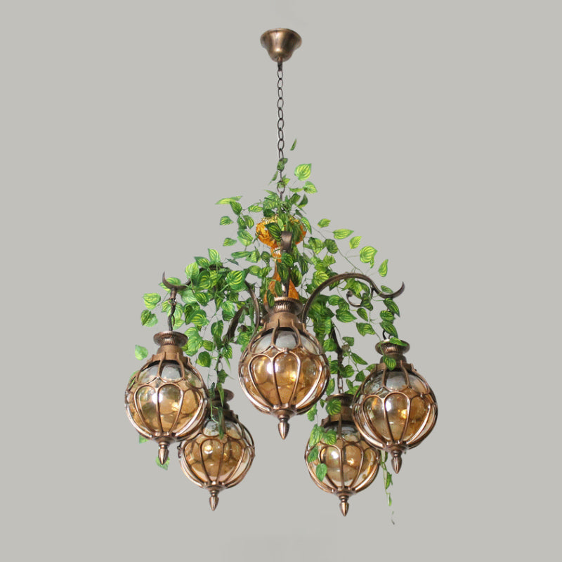 Antique Amber Glass Chandelier With Brass Finish - Perfect For Dining Room Lighting (5/9 Lights)