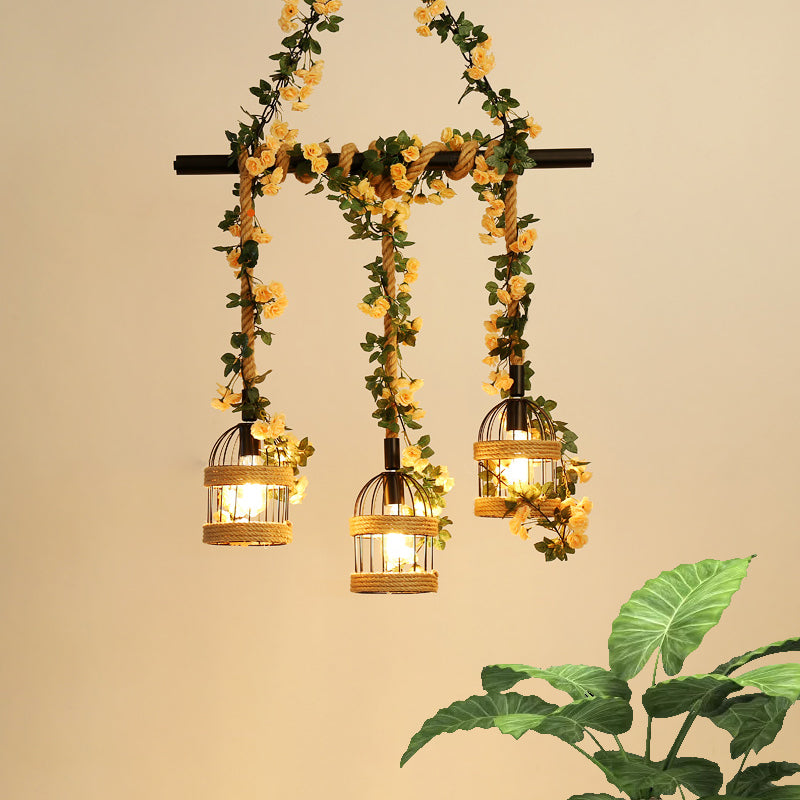 Birdcage Industrial Hemp Rope Suspension Lamp - 3/5-Light Black Ceiling Lighting For Restaurant