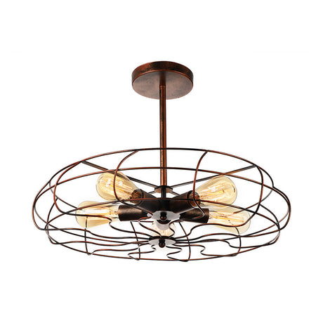 Vintage Fan Shaped 5-Light Iron Ceiling Light With Wire Cage Shade - Semi Flush Mount In Rust/Black