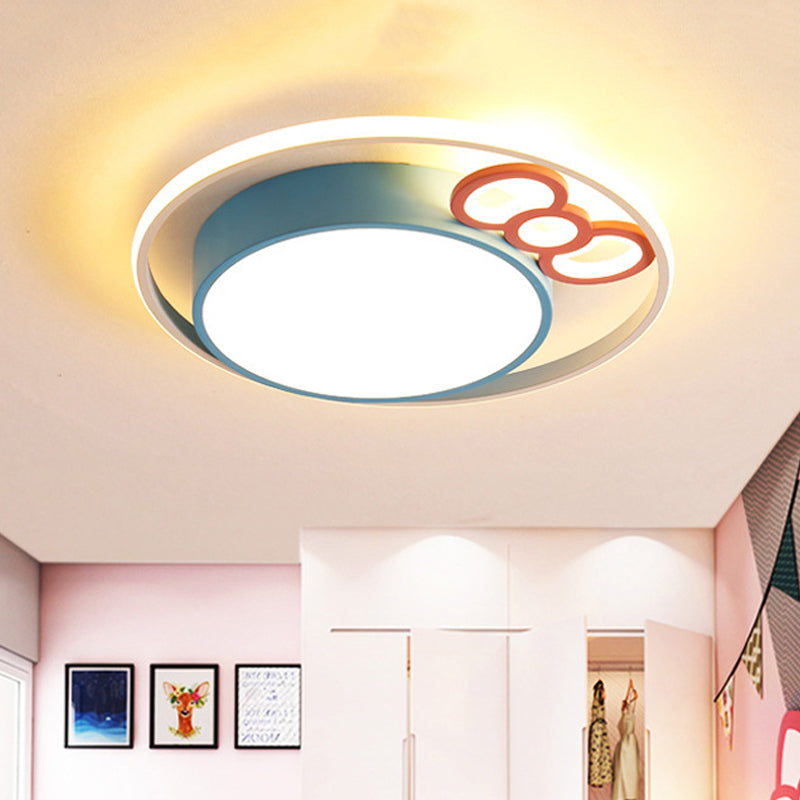 Modern Flush Mount Pendant Light With Blue/Pink Led Glow For Bedroom - Acrylic Drum Design