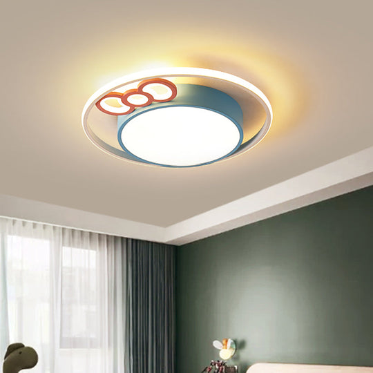 Modern Flush Mount Pendant Light With Blue/Pink Led Glow For Bedroom - Acrylic Drum Design