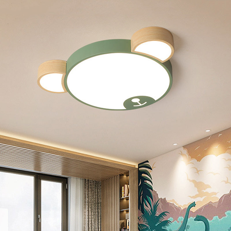Kids Style Bedroom Led Flush Mount Pendant Light: Grey/Green Ceiling Fixture With Bear Acrylic