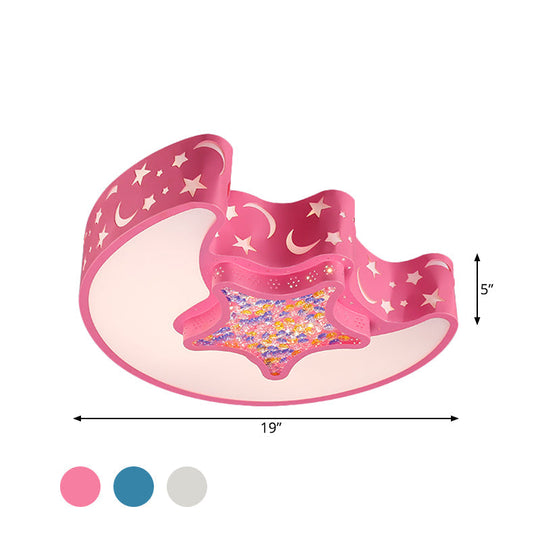 Contemporary Led Flush Pendant Light For Bedroom - Ceiling Mounted Fixture With Moon And Star Design