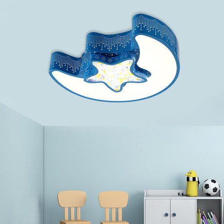 Starry Moon And Pentagram Led Ceiling Flush Lighting For Kids Bedroom - Acrylic Blue/Pink/White