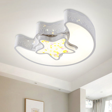 Starry Moon And Pentagram Led Ceiling Flush Lighting For Kids Bedroom - Acrylic Blue/Pink/White