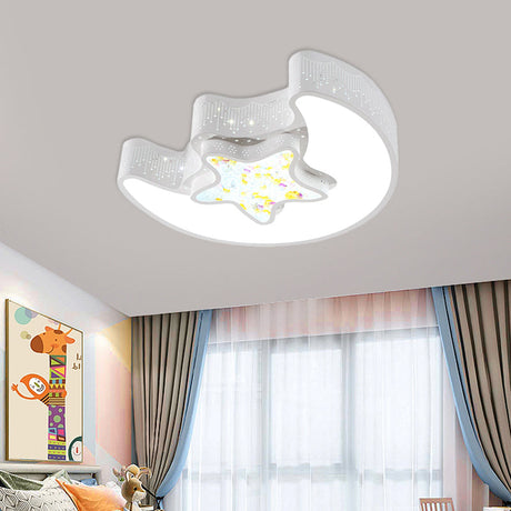 Starry Moon And Pentagram Led Ceiling Flush Lighting For Kids Bedroom - Acrylic Blue/Pink/White