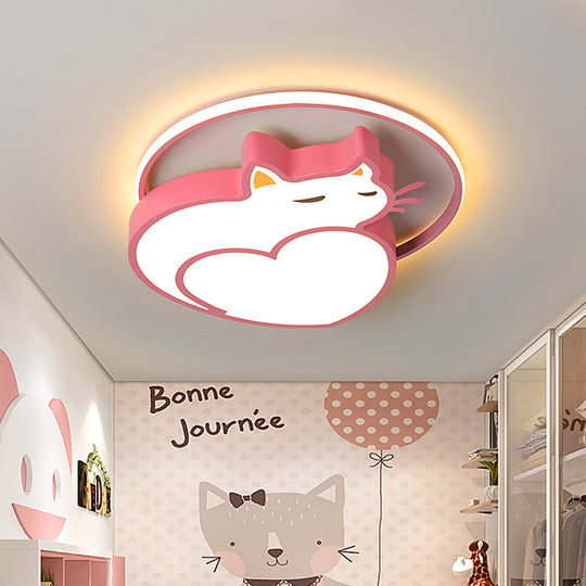 Kids Style Pink Cat - Shaped Ceiling Flushmount Light With Acrylic Led Bedroom Lighting In