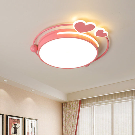 Modern Pink Drum Flush Mount Led Ceiling Lamp With Loving Heart Design In Warm/White Light / Warm