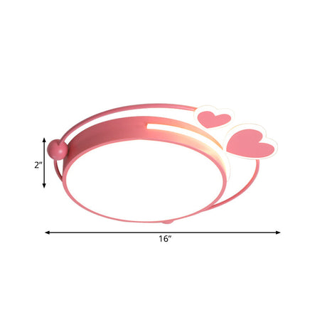 Modern Pink Drum Flush Mount Led Ceiling Lamp With Loving Heart Design In Warm/White Light