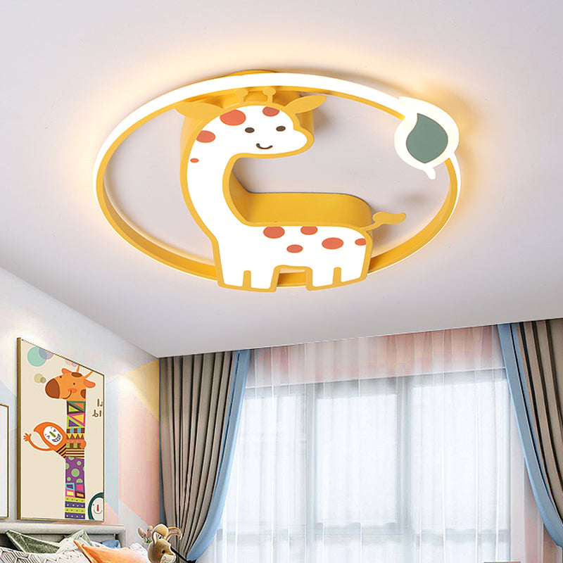 Cartoon - Style Acrylic Giraffe Flush Ceiling Light: Yellow Flushmount Fixture With Leaf Design
