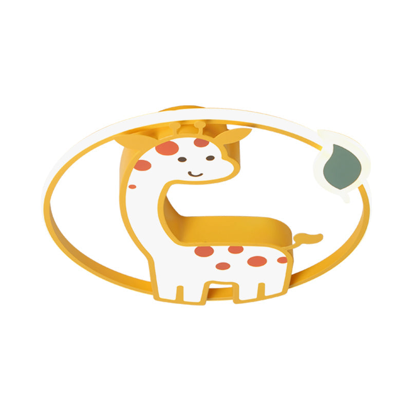 Cartoon - Style Acrylic Giraffe Flush Ceiling Light: Yellow Flushmount Fixture With Leaf Design