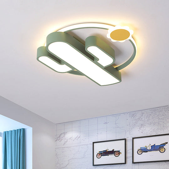 Contemporary Acrylic Green Led Flush Mount Lamp With Sun Design - Perfect For Nursery Warm/White