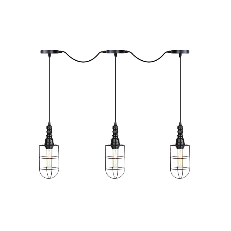 Rustic Black Wire Cage Pendant Lamp - Tandem Multi Ceiling Light Fixture With Iron Heads For