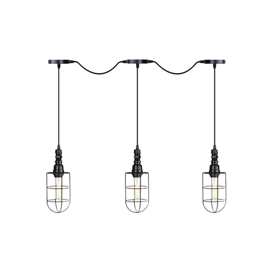 Rustic Black Wire Cage Pendant Lamp - Tandem Multi Ceiling Light Fixture With Iron Heads For