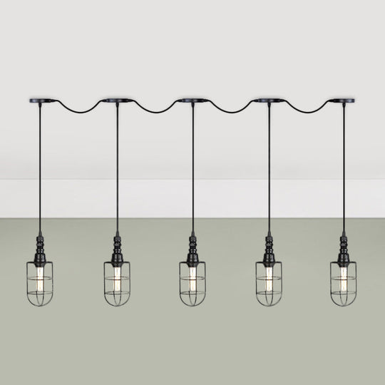 Rustic Black Wire Cage Pendant Lamp - Tandem Multi Ceiling Light Fixture With Iron Heads For