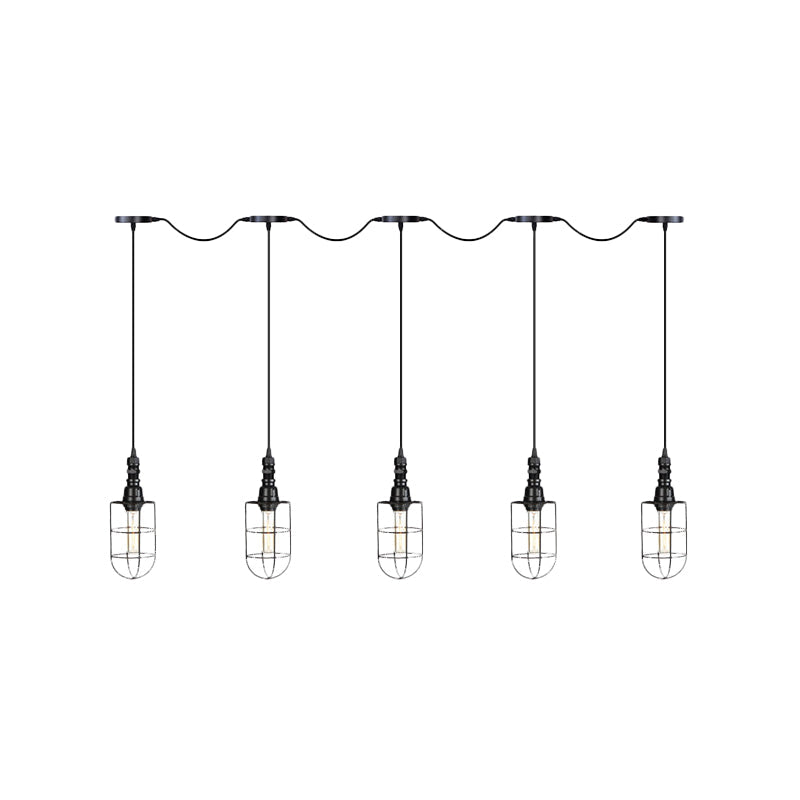 Rustic Black Wire Cage Pendant Lamp - Tandem Multi Ceiling Light Fixture With Iron Heads For