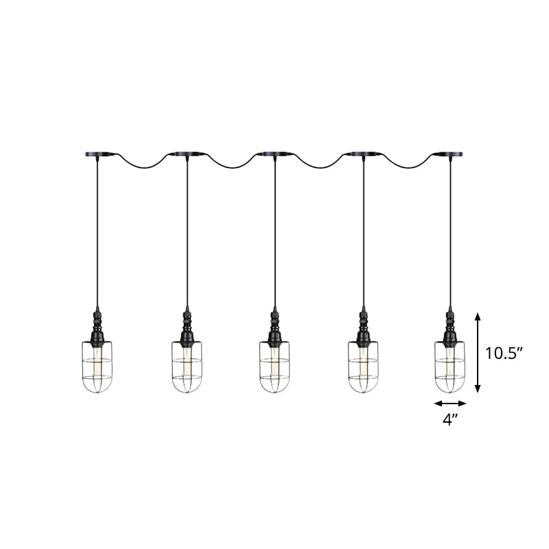 Rustic Black Wire Cage Pendant Lamp - Tandem Multi Ceiling Light Fixture With Iron Heads For
