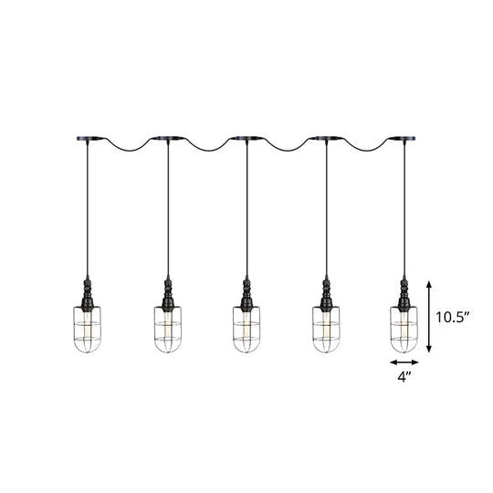 Rustic Black Wire Cage Pendant Lamp - Tandem Multi Ceiling Light Fixture With Iron Heads For
