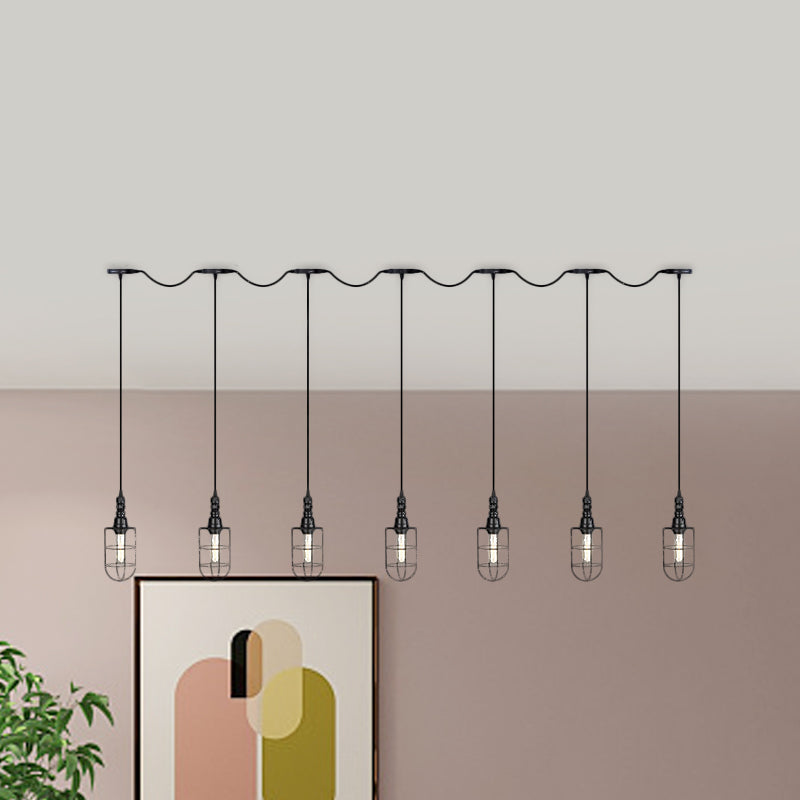 Rustic Black Wire Cage Pendant Lamp - Tandem Multi Ceiling Light Fixture With Iron Heads For