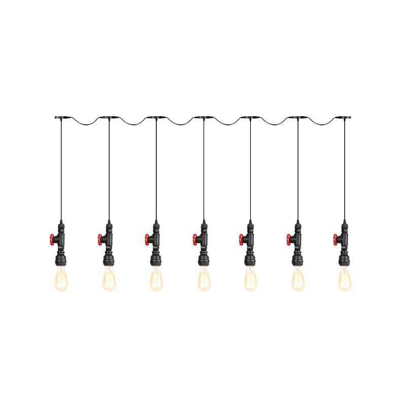 Industrial Iron Multi Pendant Light With Black Finish - 5/7 Bulbs Tandem Hanging Lamp