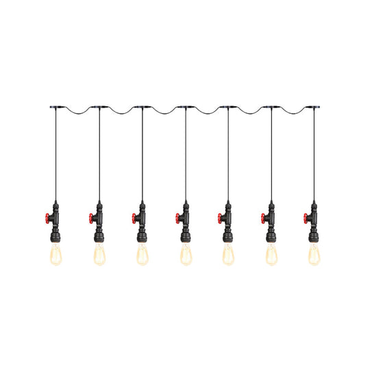 Industrial Iron Multi Pendant Light With Black Finish - 5/7 Bulbs Tandem Hanging Lamp