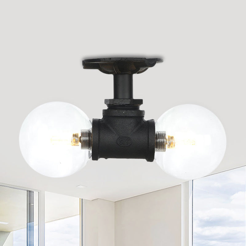 Antiqued Black Semi Mount Lighting With Clear Glass - 2 - Light Sphere Flush Mounted Lamp / C