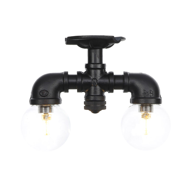 Antiqued Black Semi Mount Lighting With Clear Glass - 2 - Light Sphere Flush Mounted Lamp