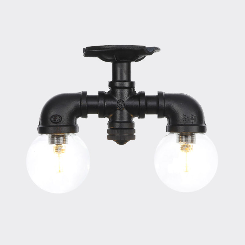 Antiqued Black Semi Mount Lighting With Clear Glass - 2 - Light Sphere Flush Mounted Lamp