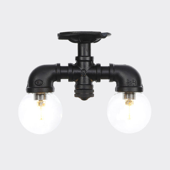 Antiqued Black Semi Mount Lighting With Clear Glass - 2 - Light Sphere Flush Mounted Lamp