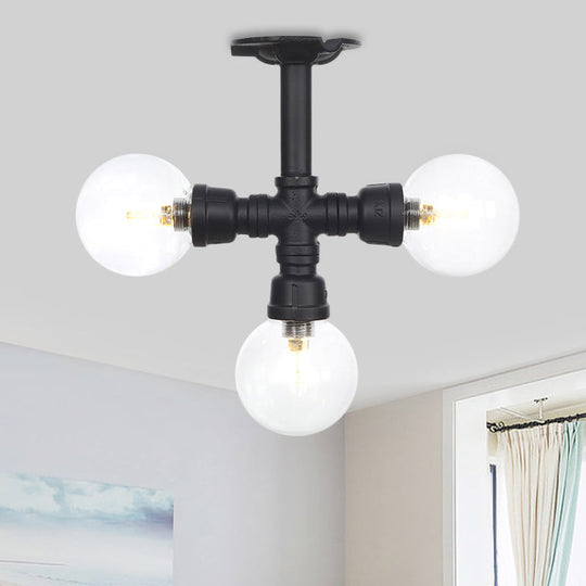 Industrial Orb Semi - Flush Clear Glass Led Lights In Black / A