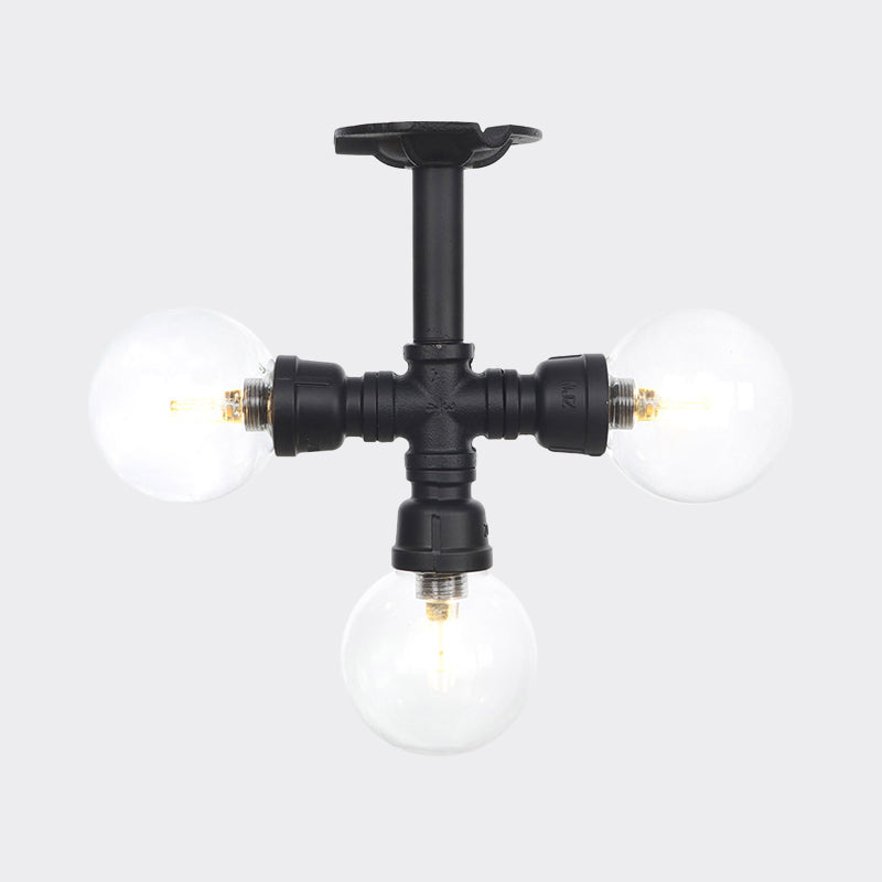 Industrial Orb Semi - Flush Clear Glass Led Lights In Black