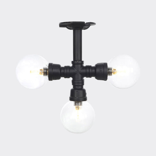 Industrial Orb Semi - Flush Clear Glass Led Lights In Black