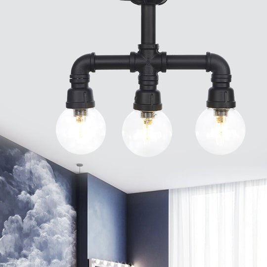 Industrial Orb Semi - Flush Clear Glass Led Lights In Black