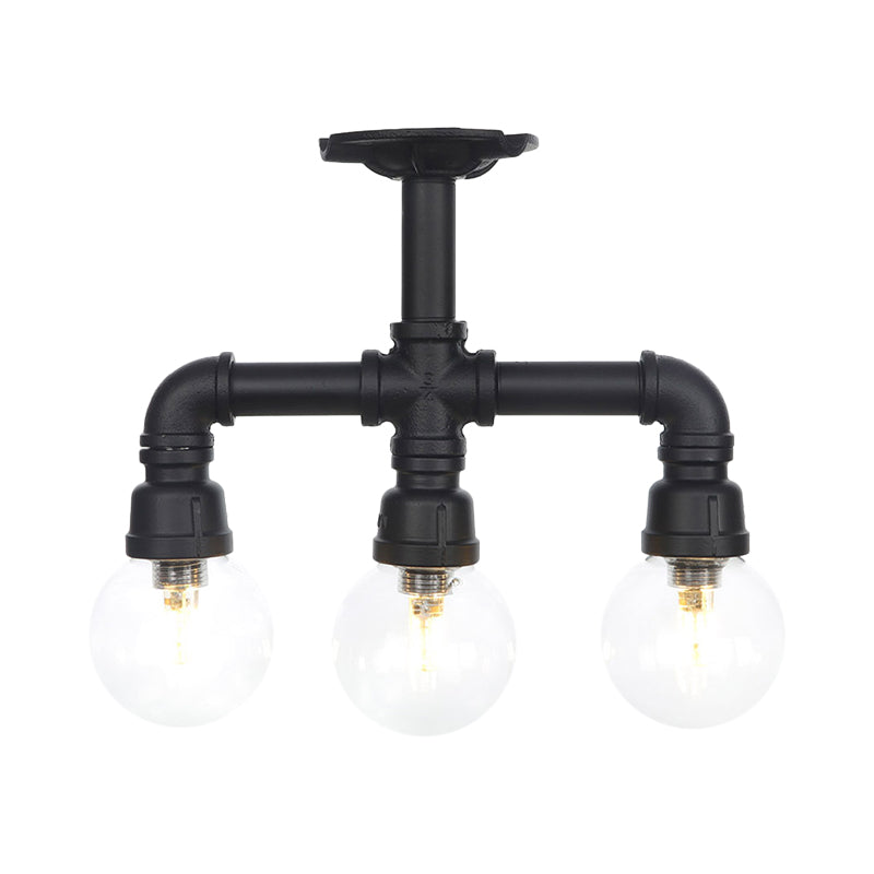 Industrial Orb Semi - Flush Clear Glass Led Lights In Black
